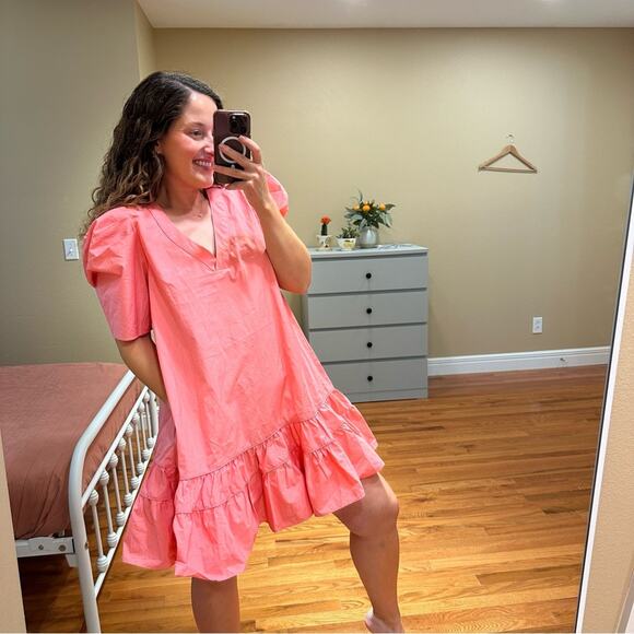 NWT Tuckernuck Karlie Hot Pink Cotton Poplin V Neck Mini Dress Medium - Picture 3 of 14